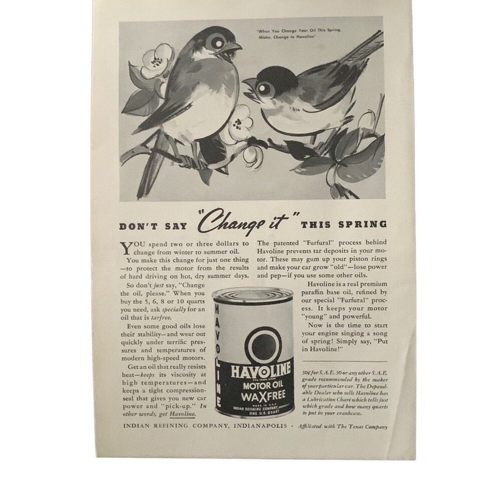 Vintage 1936 Havoline Oil Change It Ad Advertisement